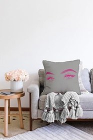 Resim RealHomes Gri Zeminde Fuşya Kirpik Motifli Çift Taraflı Özel Tasarım Raşel Örme Yastık Kılıfı, Sonil-K5096kolajayna-43x43cm 