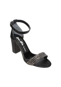 Resim Yazkış Kadın Gümüş Siyah Taşlı Tek Bant 7cm Kalın Topuk Abiye Ayakkabı 001 