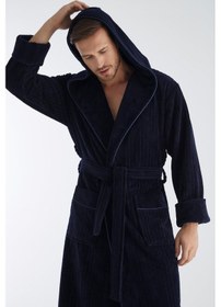 Resim Yaka Fitilli Bambu Cotton Erkek Bornozu Lacivert 