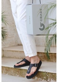 Resim Hakiki Deri Kalın Tabanlı Parmak Arası Ortopedik Erkek Terlik Siyah 