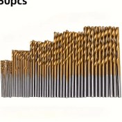 Resim 50 Adet Titanyum Kaplamalı Yüksek Hız Çeliği Matkap Ucu Seti, 135° Sivri Uçlu, DIY El İşleri, Ahşap İşleme ve Takı Yapımı İçin - Boyutlar 1/4" ile 1/2", Metal Silindir Şekli 