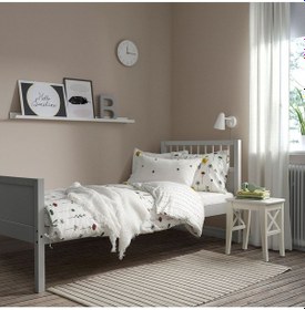 Resim Tek Kişilik Karyola, Açık Gri, 90x200 Cm Masif Ahşap 