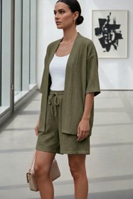 Resim NO 601 Kadın Haki Yeşil Bürümcük Dokulu Oversize Kimono ve Beli Lastikli Şort Yazlık İkili Takım 