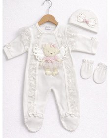 Resim Kardeşler Bebe Dantelli Kanatlı Ayıcık Figürlü Kız Bebek Patikli Tulum Takımı Ekru 