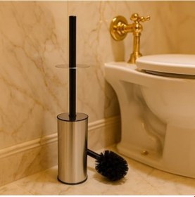 Resim Paslanmaz Çelik Tuvalet Fırçası Kapaklı, Hijyenik Ve Dayanıklı Metal Wc Fırçası Seti, Şık Banyo Aksesuarı Açık Ahşap 