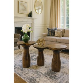 Resim Doğal Ceviz Renk Ahşap Mantar Sehpa Seti – 3’lü Zigon Fiskos Takımı 