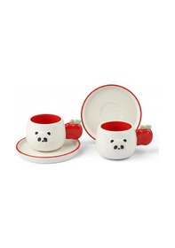 Resim 2 Kişilik Seramik Kahve Fincanı Kabartma Panda Figürlü Beyaz - Sarı 