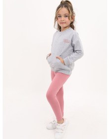 Resim Toontoy Kids Toontoy Kız Çocuk 2'li Takım Baskılı Bisiklet Yaka Düşük Omuz Sweatshirt & Basic Düz Tayt Gri 