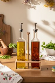 Resim Snippy Verra - 2'li Ahşap Tutmalı Standlı Cam Yağdanlık Damlatmaz Yağlık Sirkelik Zeytinyağı Şişesi Soft 500ml Ahşap 