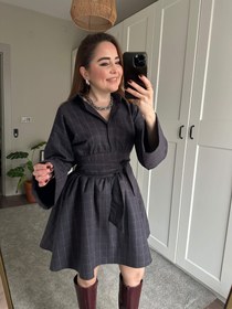 Resim Korseli ekose elbise - Kahverengi / Medium 