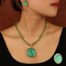 Resim Yeşil taşlı zarif vintage tarzlı takı seti - Kolye ve küpe, bakır alaşımlı temel, günlük giyim, partiler ve hediyeler için ideal, takı setleri 