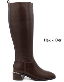 Resim Gönderi(r) Kadın Kahverengi Fermuarlı Kalın Topuklu Hakiki Deri Çizme 