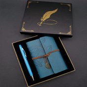 Resim Siyah Kutulu Yaprak Desenli Mavi Deri Defter Ve Kalem Seti 