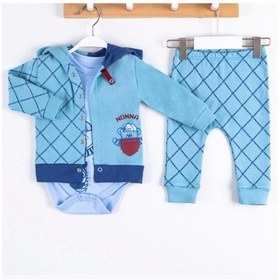 Resim 3-12 Ay Erkek Bebek Takımı Cep Kapişonlu Hırkalı 3'lü Mavi Mavi 