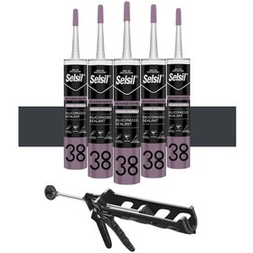 Resim Selsil Silikonize Mastik 500 Gr. Antrasit Gri 5 Adet , Plastik Tabanca Antrasit - Gri 