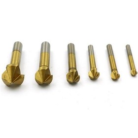 Resim Sones 6'sı 1 Arada 90 Derece Üç Kenarlı Pah Kırma Bıçağı Ağaç İşleme Freze Kesici Pah Kırma Makinesi Delik Açıcı, Paket: Plastik Poşet Titanyum Kaplama 