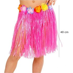 Resim Yetişkin Çocuk Uyumlu Pembe Renk Püsküllü Hawaii Luau Hula Etek 40 Cm 