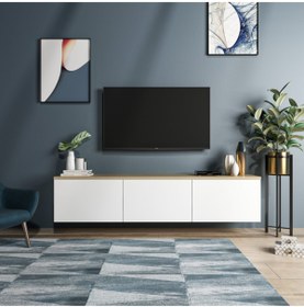 Resim BMdekor Duvara Asma Neon Meşe Beyaz Tv Sehpası 160 cm 