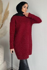 Resim Gülseli Simli Tesettür Triko Tunik Bordo TZL-P-00020160 