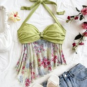 Resim Kadınların Seksi Çiçek Desenli Halter Yaka Üstü Dantel Detaylı - Yeşil ve Beyaz, Strapless, Ruched Asimetrik Etek, Tatil ve Günlük Kıyafet için Mükemmel, Günlük Kıyafet Üstü|Çiçek Desenli Üst|Ruched Etek Üstü, Çiçek Desenli Üst 