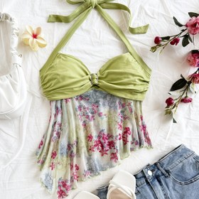 Resim Kadınların Seksi Çiçek Desenli Halter Yaka Üstü Dantel Detaylı - Yeşil ve Beyaz, Strapless, Ruched Asimetrik Etek, Tatil ve Günlük Kıyafet için Mükemmel, Günlük Kıyafet Üstü|Çiçek Desenli Üst|Ruched Etek Üstü, Çiçek Desenli Üst 