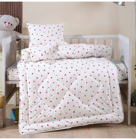 Resim Pamuklu Ranforce Kumaştan Kırmızı Kalpli Içi Elyaf Dolgulu Bebek Yorgan 95x145 Ve Bebek Yastık 35x45 