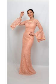 Resim ALİS DRESS Kadın Somon Rengi Kolları Volanlı Simli Dantel Tesettür Ucuz Abiye 