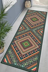 Resim Pelangi Kilim Desenli Dijital Baskı Yıkanabilir Kaymaz Taban Etnik Salon Halısı ve Yolluk, Yeşil 80 x 500, 9554170805007 