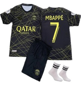 Resim Mbappe Psg 21/22 Sezon Gold-Siyah Özel Tasarım Çocuk Forma T-Shrt Şort Takımı Çorap+Bileklik Yanında 