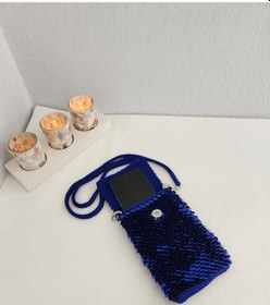 Resim Saks Mavi, Pullu, Handmade, Kadın Telefon Çantası Saks 