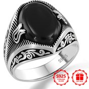 Resim 1 adet Vintage 925 Gümüş Kadın Modası Geniş Yüz Bilekliği ile Karma Osmanlı Desen Tasarımı, Oval Siyah Ağat İnlay Erkekler ve Kadınlar için Uygun, Tüm Mevsim Giyim, Şükran Günü, Bağımsızlık Günü için Mükemmel Hediye, Hediye Kutusu ile Yüksek Kaliteli Takı 