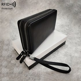Resim Erkekler için RFID Engelleme Cüzdanı - Şık Çift Katmanlı Suni Deri Kavanoz, Bilek Kayışı, Büyük Kapasiteli, Siyah, İş Kartı Tutucu & Düzenleyici, Kart Tutucu Cüzdan 