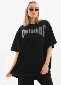 Resim Soonaksesuar Unisex Taş Desenli Oversize T-shirt - Beyaz SIYAH 