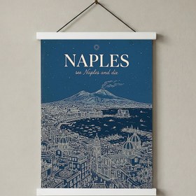 Resim Naples Line Art Print - Navy Mount Vesuvius Bay Skyline Wall Art - With Hanger - White / 8,3 x 11,7" (21x30) 