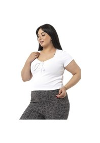 Resim Disentis Büyük Beden Yarım Kollu Göğüste Bağcık Detaylı Kaşkorse Beyaz Body-beyaz Beyaz 