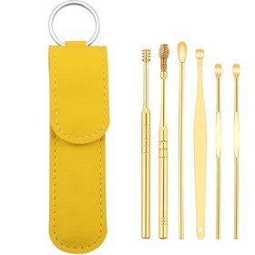 Resim Qingmipy 6 Parça Çelik Kulak Temizleme Seti - Taşınabilir Pu Çantalı, Sarı Renkli Profesyonel Kulak Temizleyici Aletleri 