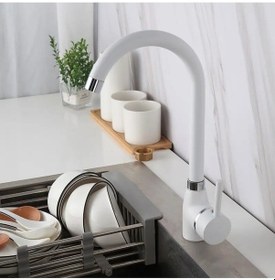 Resim Beyaz Delta Safir Mutfak Evye Bataryası Aç Kapa Çubuk Kollu Kaliteli Musluk Beyaz 