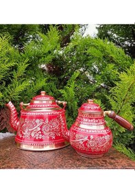 Resim Gül Çiçek Kırmızı Boyalı ıhlamur Bakır Çaydanlık Takımı Bakır 