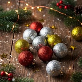 Resim Yılbaşı Ağacı Süsleri Seti, Parlak Kırmızı Altın Gümüş Glitter Toplar, 6 Parça Noel Dekorasyon Koleksiyonu 