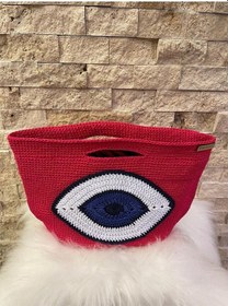 Resim Nazar Boncuk Örme Tasarım El Çantası Gece Çantası Makrome Çanta 30x38cm Fuşya 