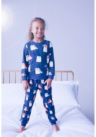 Resim Unisex Çocuk Yeni Sezon Pamuklu Mavi Renk Eğlenceli Penguenler Baskılıpaça Lastikli Pijama Takımı Mavi Penguen Mavi 