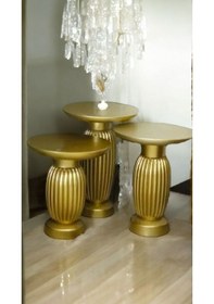 Resim Wood Ahşap 3 Lü Altın Varak Fitilli Mantar Yan Sehpa Modern Fiskos / Çiçeklik / Zigon Sehpa Varak 