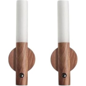 Resim 2 Adet Kumru Ahşap Renk Şarjlı Hareket Sensörlü Cata Led Duvar Aplik Günışığı Kahverengi 