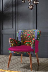 Resim Kayser Home Berjer - Tekli Koltuk - Etnik Desen - Ahşap Ayak - Nubuk Kumaş - Fuşya 