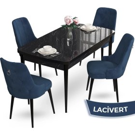 Resim Canisa Concept Nev Serisi 80 x 132 cm Açılabilir Siyah Mermer Desen Masa Takımı 4 Sandalye Gümüş Halkalı 