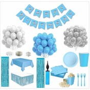 Resim Mavi Beyaz 8 Kişilik Full Doğum Günü Seti 