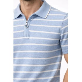 Resim Beruflic Erkek Triko Polo Yaka Fermuarlı Çizgili Tişört T-Shirt Yazlık Şık - Bebek Mavisi 