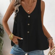 Resim Şık Siyah V-Yaka Atlet, Dekoratif Düğmelerle - Kolsuz, Esnek Polyester Karışımı, Yaz İçin Mükemmel, Kadın Modası, Günlük Giyim|Vneck Üst|Polyester Karışımı 