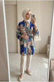 Resim Kirazca Butik Kadın Vintage Desenli Rahat Kesim Tesettür Tunik (Ön 80 / Arka 85) 