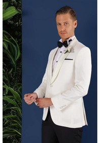 Resim Efor Black 034 Slim Fit Saten Yaka Çift Yırtmaçlı Damatlık Ekru Smokin Ceket Ekru 